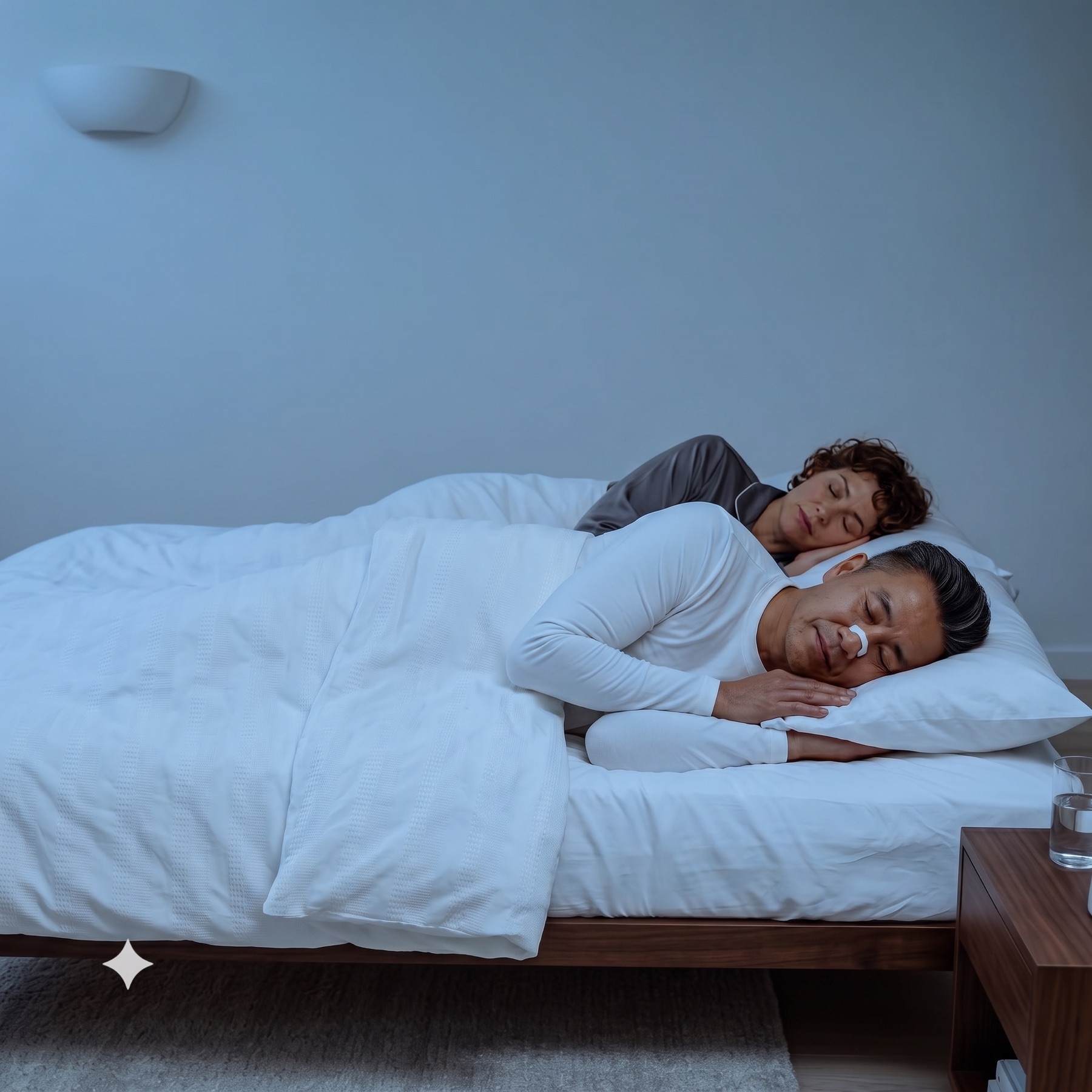 A couple sleeping peacefully, one wearing Airlift