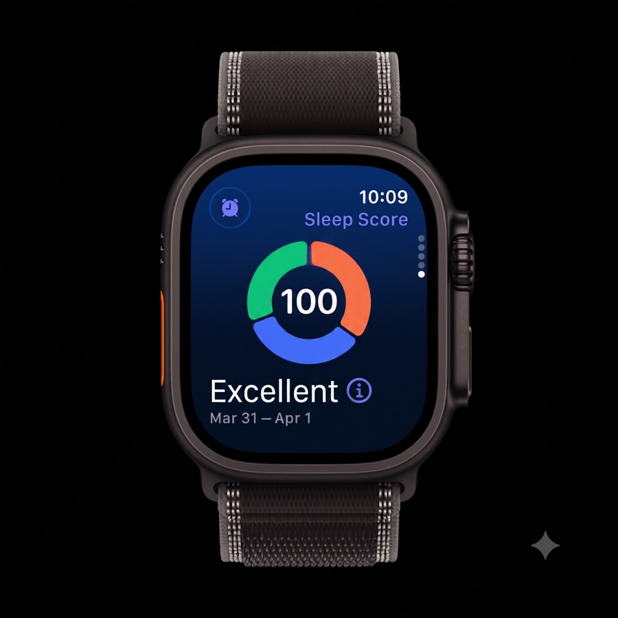 A smartwatch showing a sleep score of 100, rated Excellent