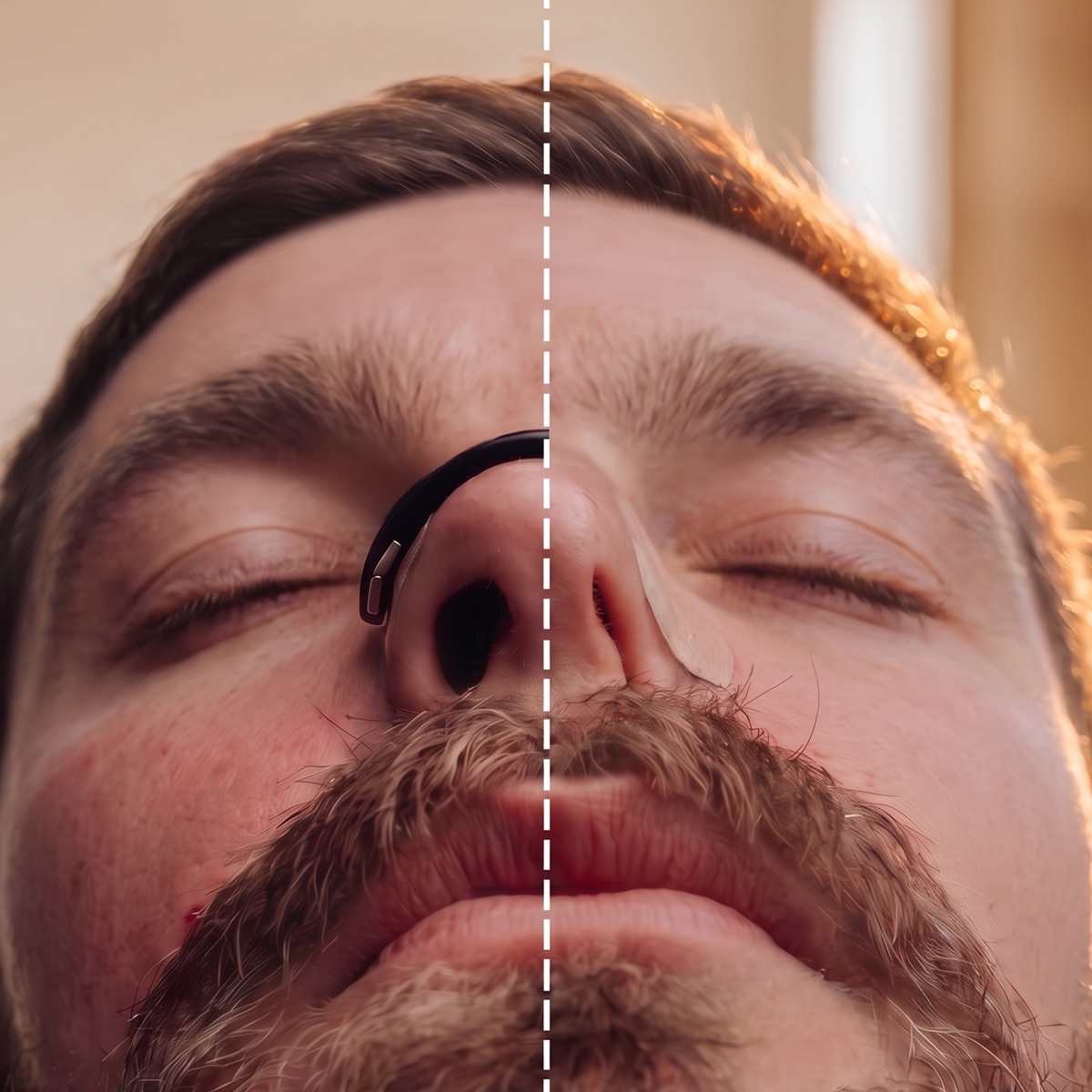 A split view of one nose: the Airlift clip holding the left nostril open, the right nostril bare