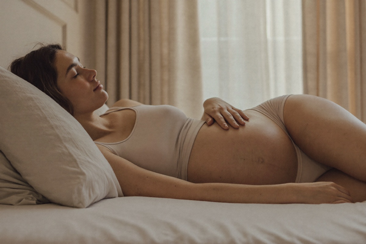 A pregnant woman resting comfortably.